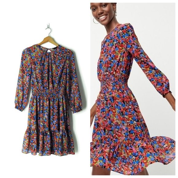 J. Crew Dresses & Skirts - J. Crew Glendale chiffon Dress Watercolor Floral Cinched Smocked Waist XXS